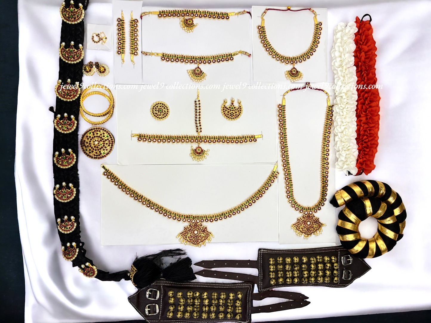 Traditional Golden Bharatanatyam Dance Jewellery Set With Kempu Stones Jewel9Collections