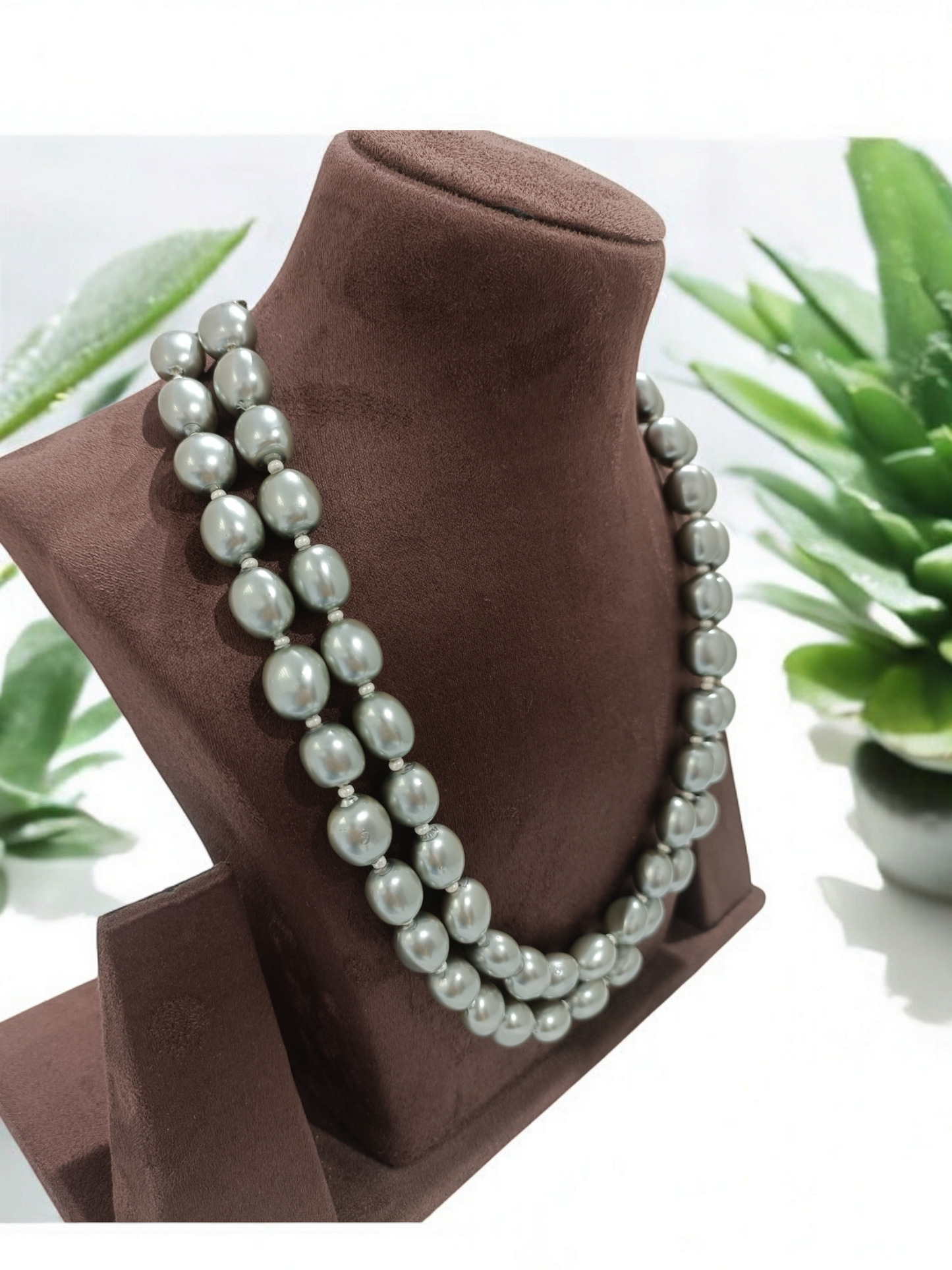 2 Lines Grey pearls Mala