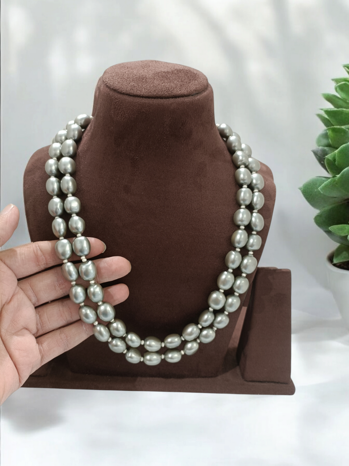 2 Lines Grey pearls Mala