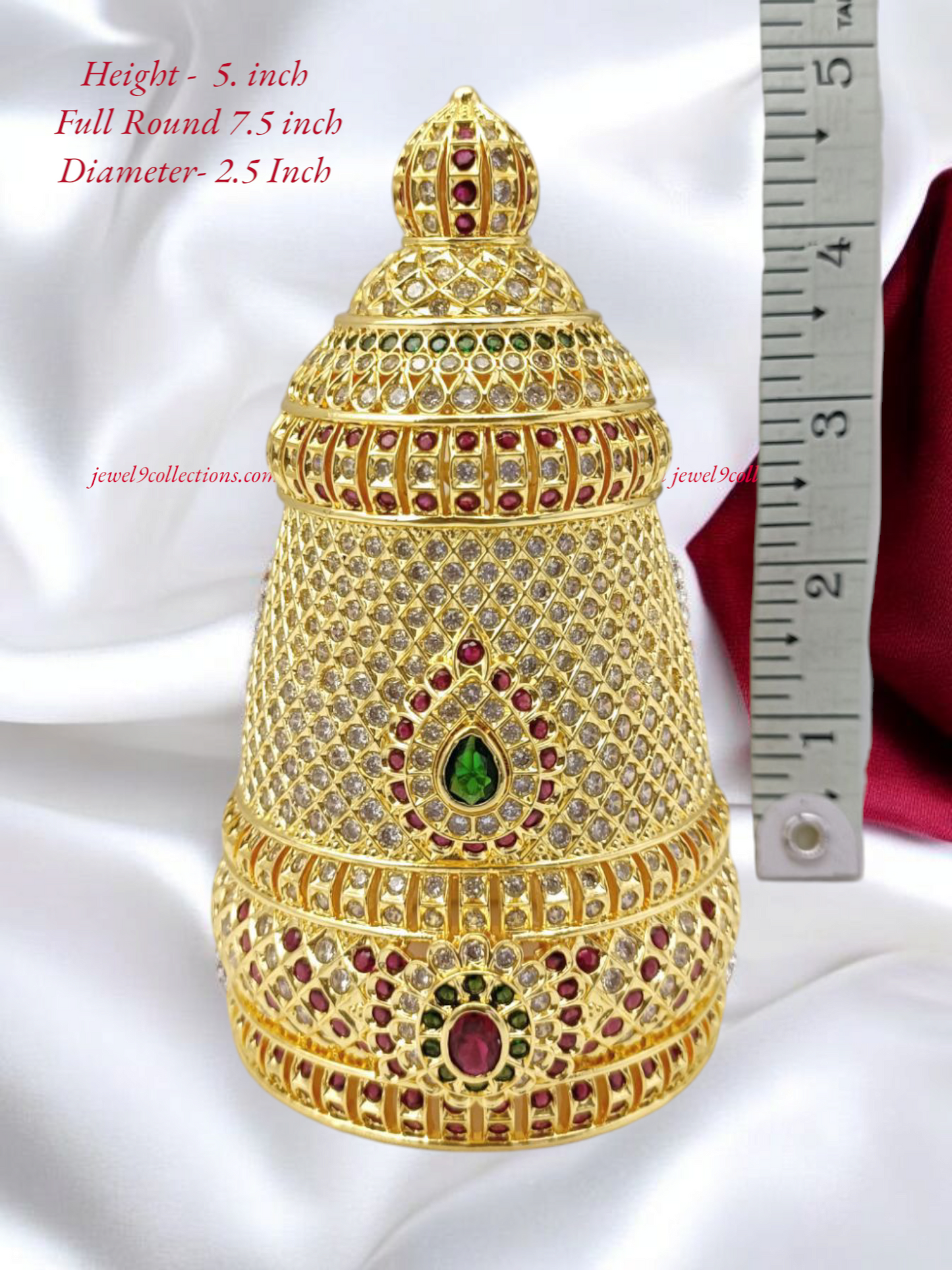 Mukut, Kireetam 1 GM Gold plated with White, Ruby, Emerald, AD Stones Full Round Crown for Hindu God and Goddess