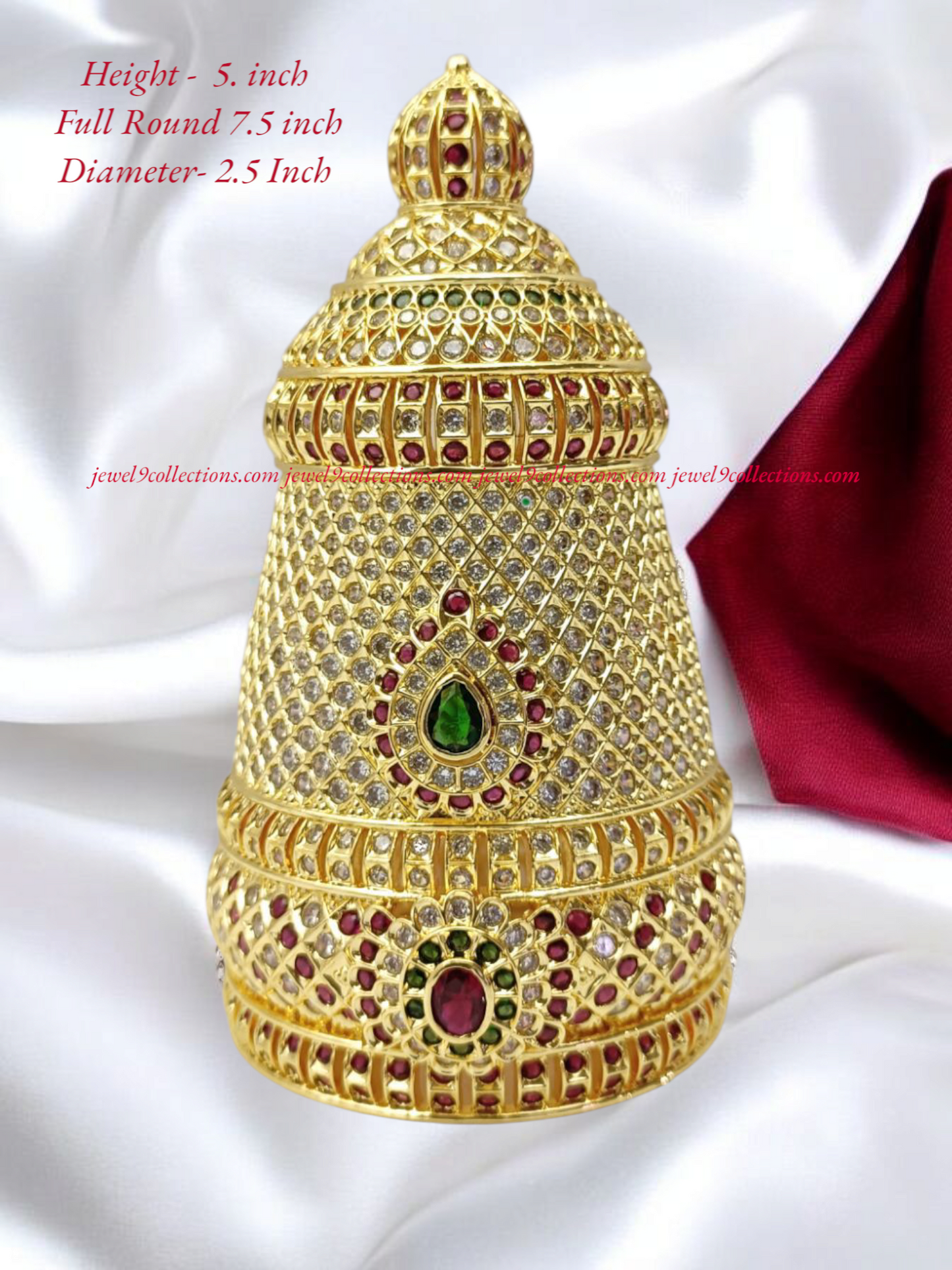Mukut, Kireetam 1 GM Gold plated with White, Ruby, Emerald, AD Stones Full Round Crown for Hindu God and Goddess