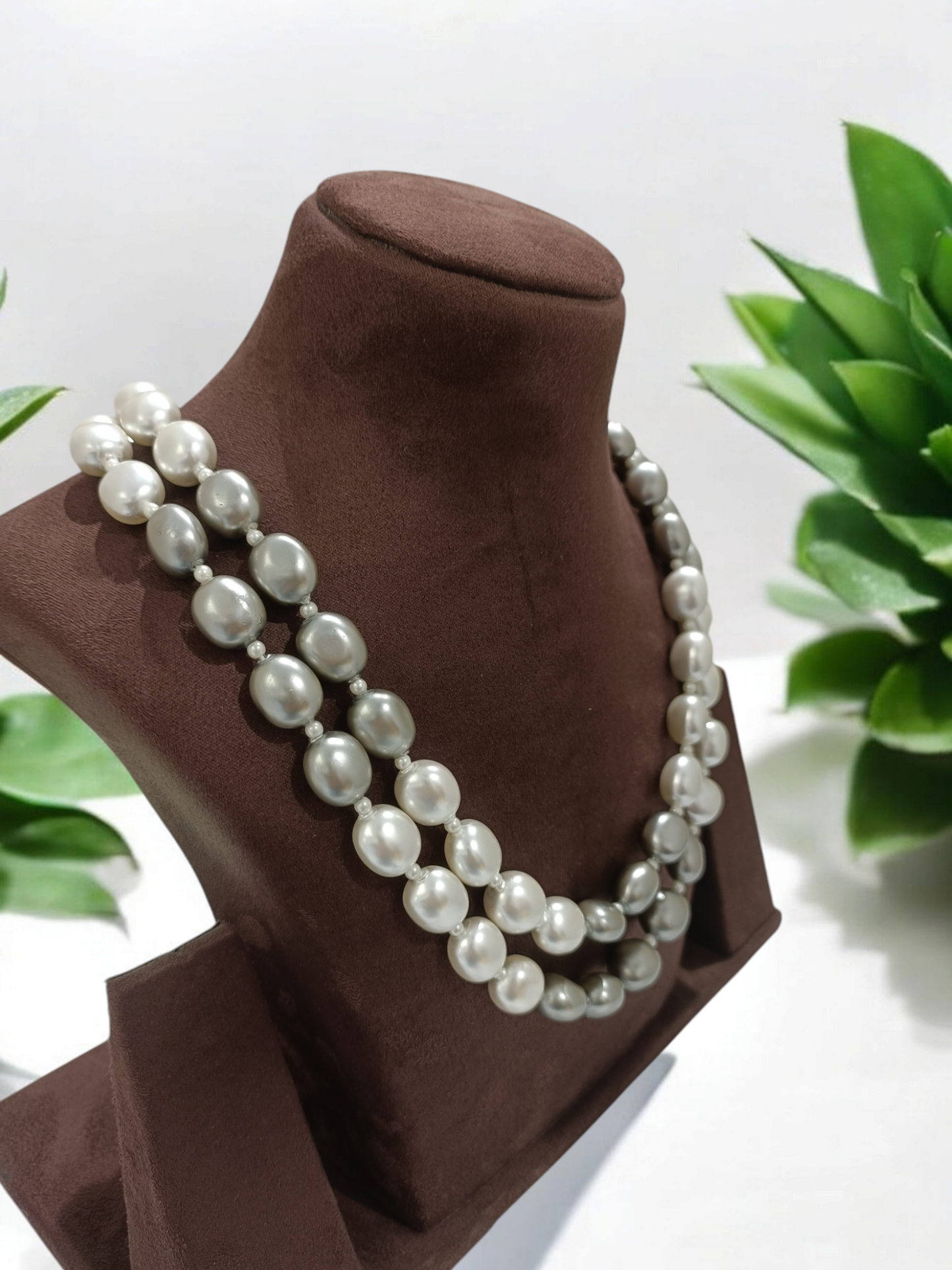 2 Lines Real Pearls White &Grey Colour
