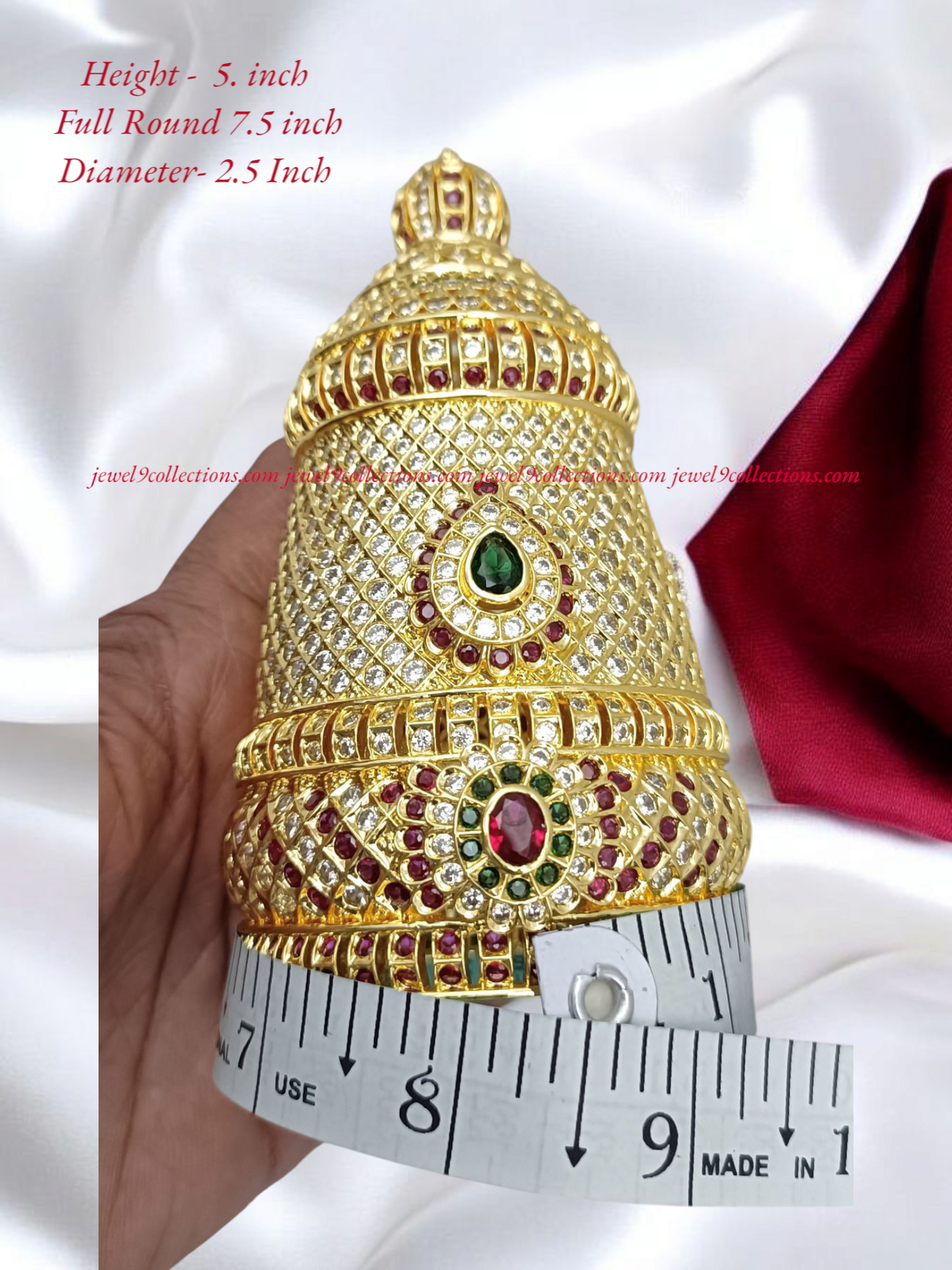 Mukut, Kireetam 1 GM Gold plated with White, Ruby, Emerald, AD Stones Full Round Crown for Hindu God and Goddess