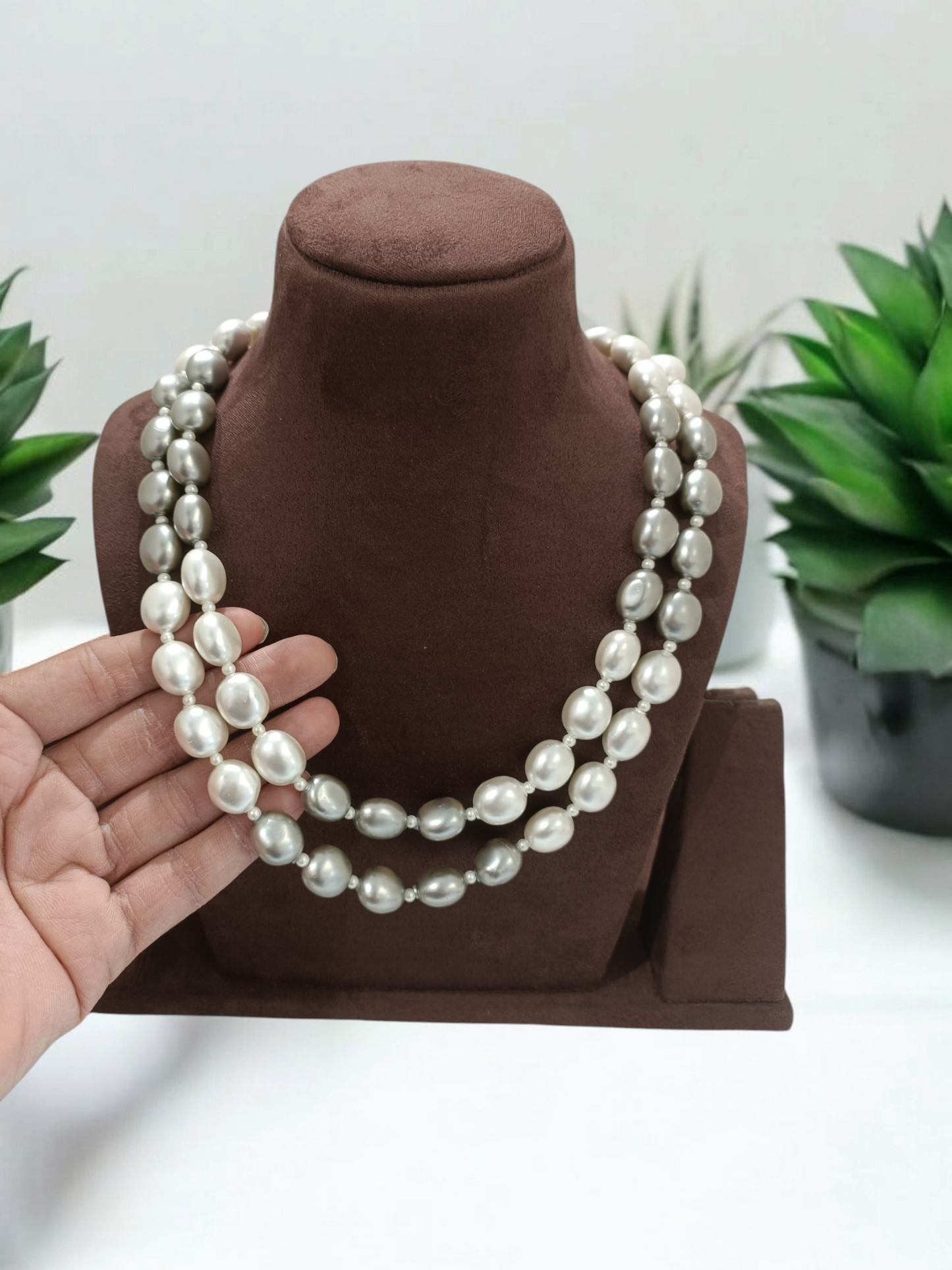 2 Lines Real Pearls White &Grey Colour