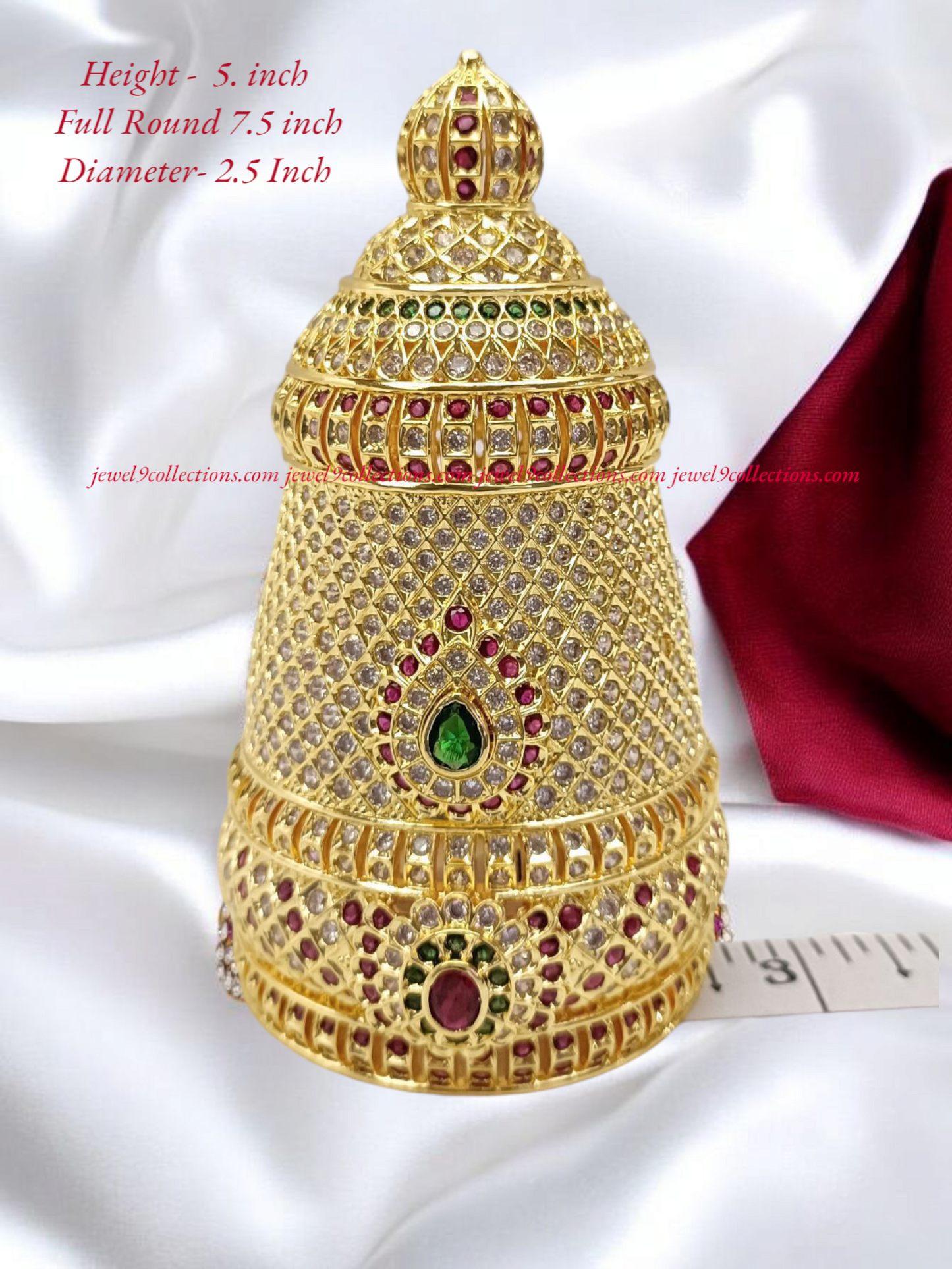 Mukut, Kireetam 1 GM Gold plated with White, Ruby, Emerald, AD Stones Full Round Crown for Hindu God and Goddess