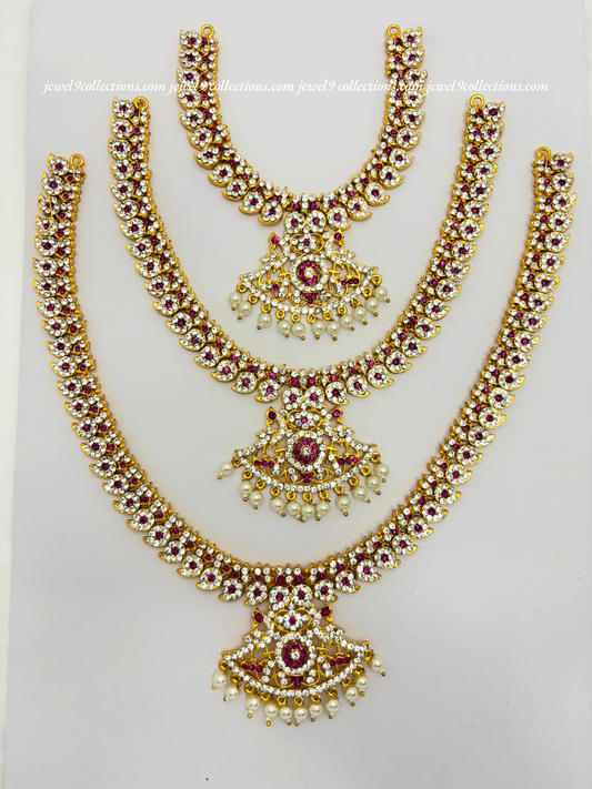 Enchanting Divine Long Haram  Goddess Lakshmi Radiant Long white and pink stone Necklace 3- Steps