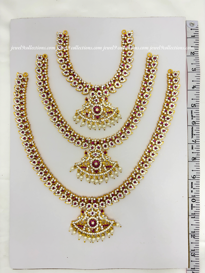Enchanting Divine Long Haram  Goddess Lakshmi Radiant Long white and pink stone Necklace 3- Steps