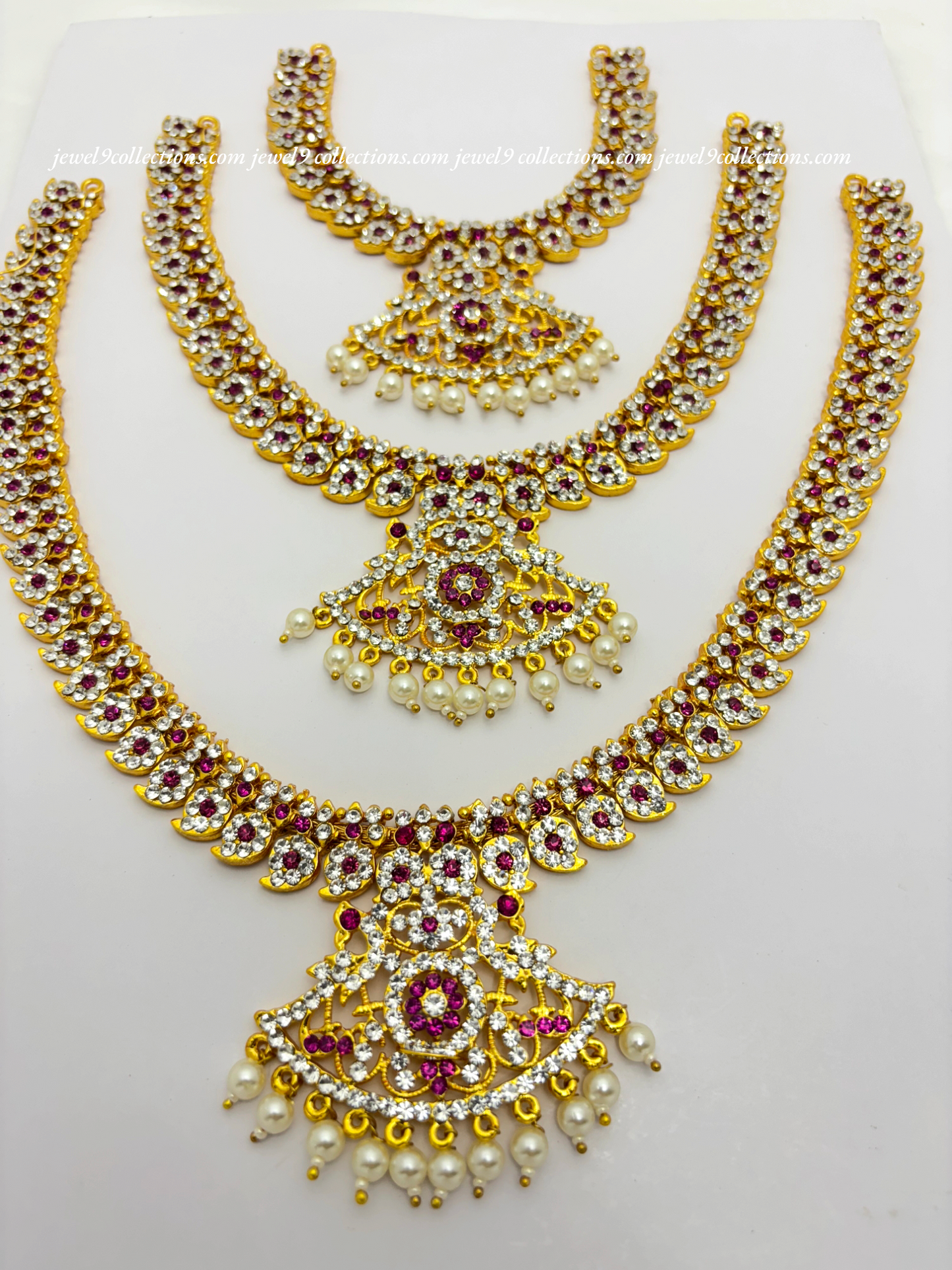 Enchanting Divine Long Haram  Goddess Lakshmi Radiant Long white and pink stone Necklace 3- Steps