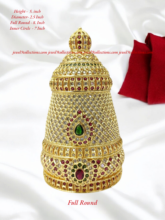 Mukut, Kireetam 1 GM Gold plated with White, Ruby, Emerald, AD Stones Full Round Crown for Hindu God and Goddess