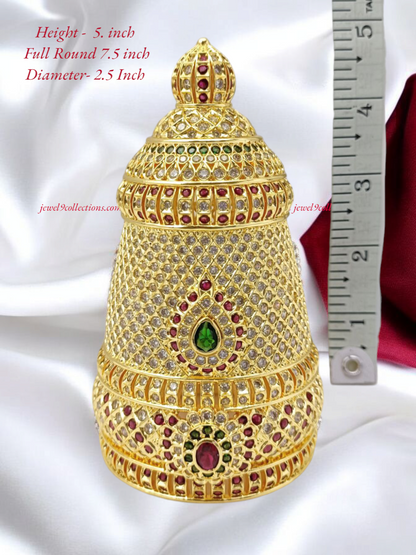 Mukut, Kireetam 1 GM Gold plated with White, Ruby, Emerald, AD Stones Full Round Crown for Hindu God and Goddess
