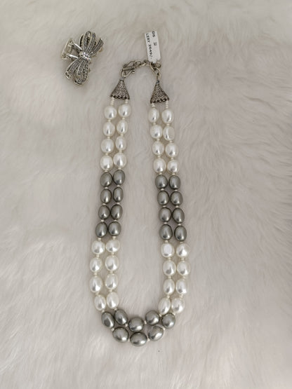 2 Lines Real Pearls White &Grey Colour
